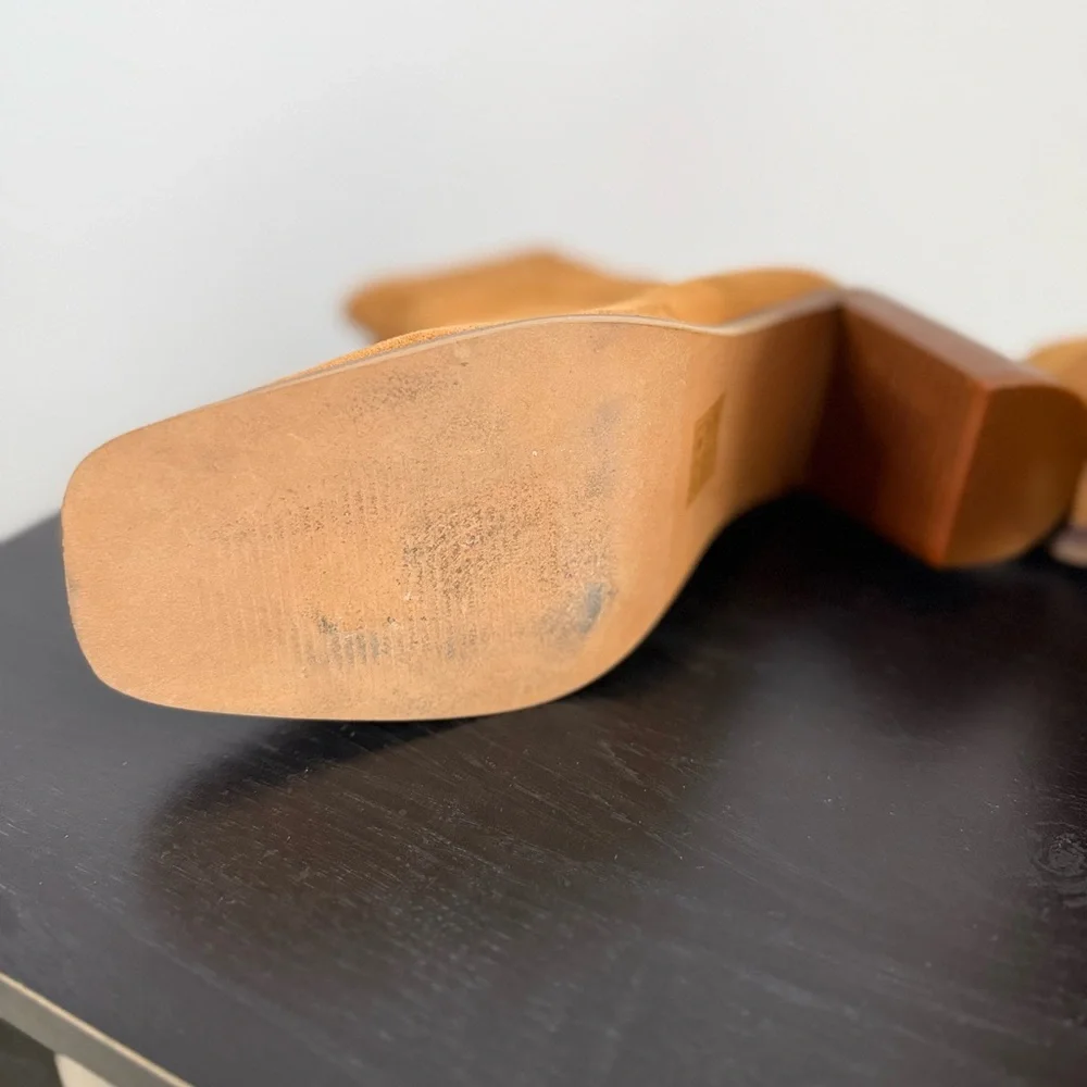 Camel Faux Suede Perforated Ankle Boots Stacked Heel Size 10